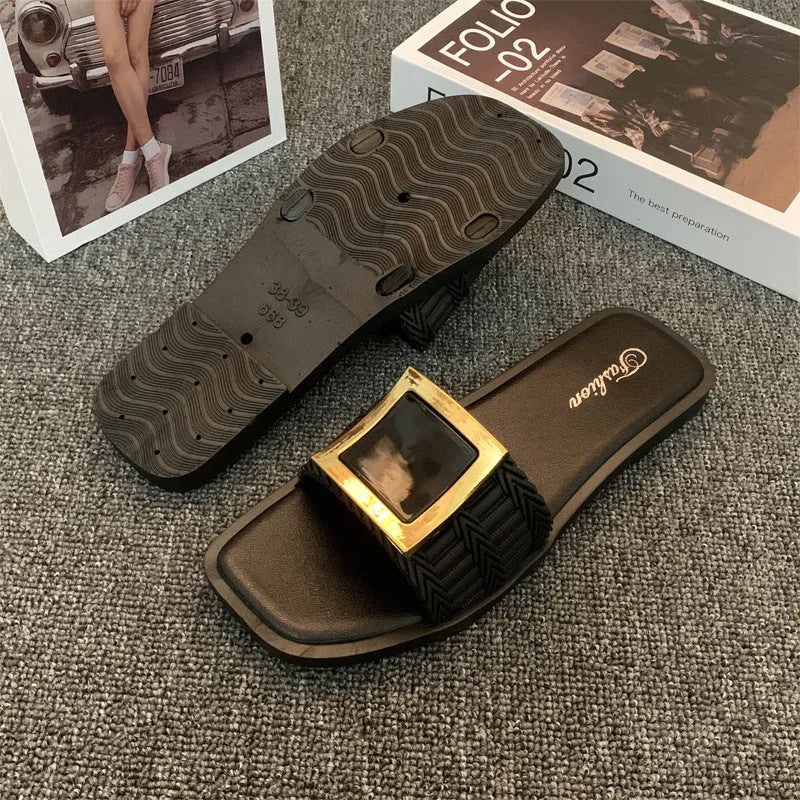 Women's casual flat summer slippers with PVC soles in apricot, black and khaki colour options