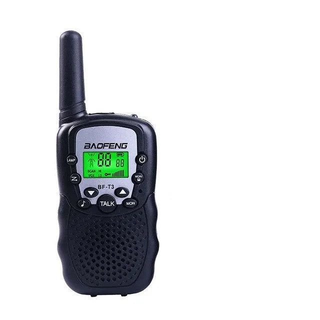 Child holding colourful walkie talkie with 22-channel display and push-to-talk button