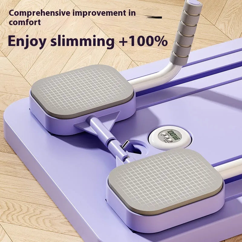Standard purple multifunctional fitness board with integrated automatic rebound abdominal wheel for home workouts.