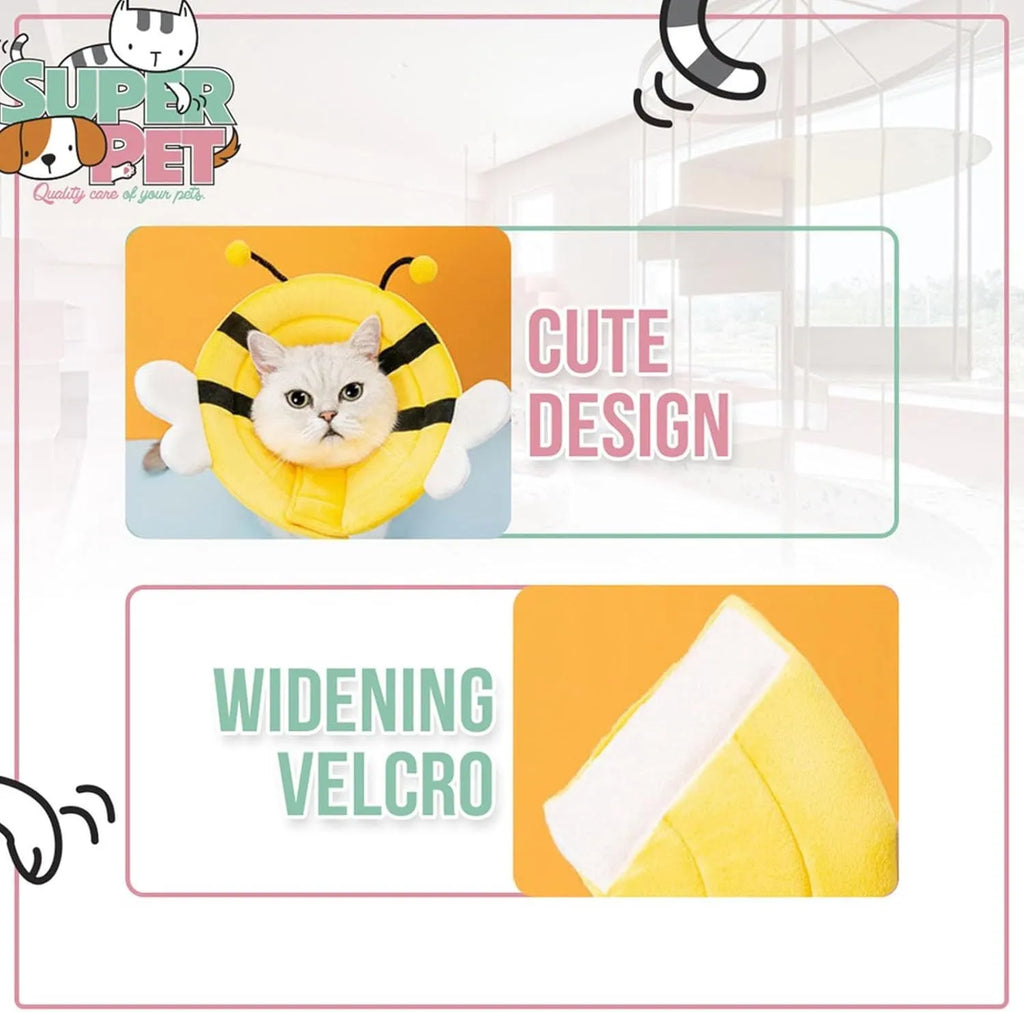 Soft bee-shaped cat cone collar with adjustable Velcro strap