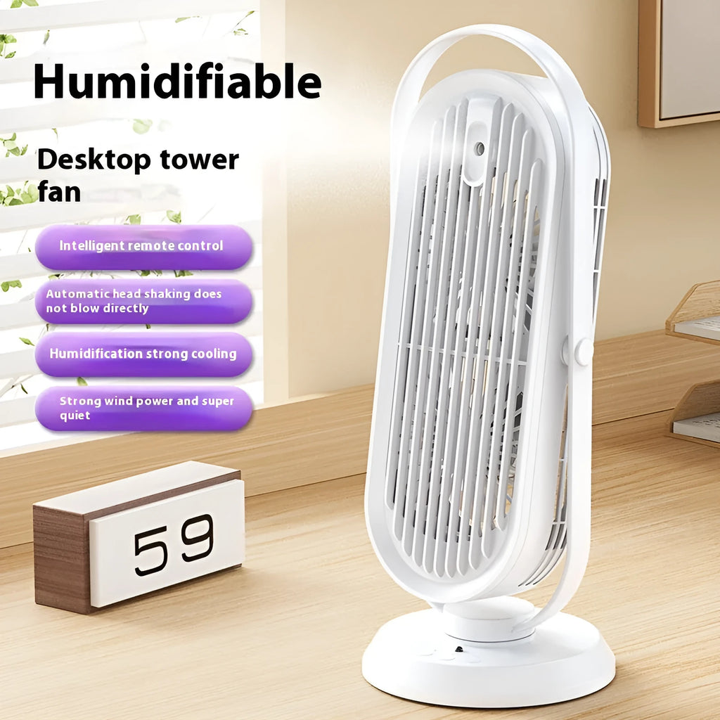 Desktop tower fan with humidifier spray function in white finish with USB cable and remote control