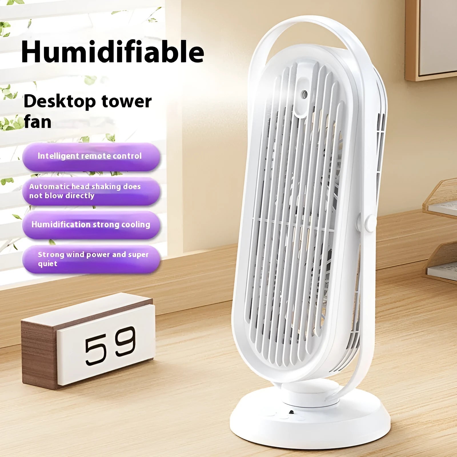 Desktop tower fan with humidifier spray function in white finish with USB cable and remote control
