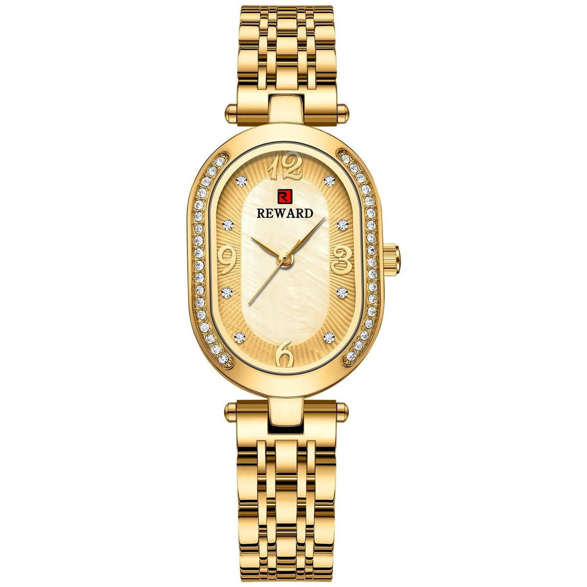 Ladies oval watch with diamond dial, 24mm case, gold-tone or rose-tone finish, and coloured strap