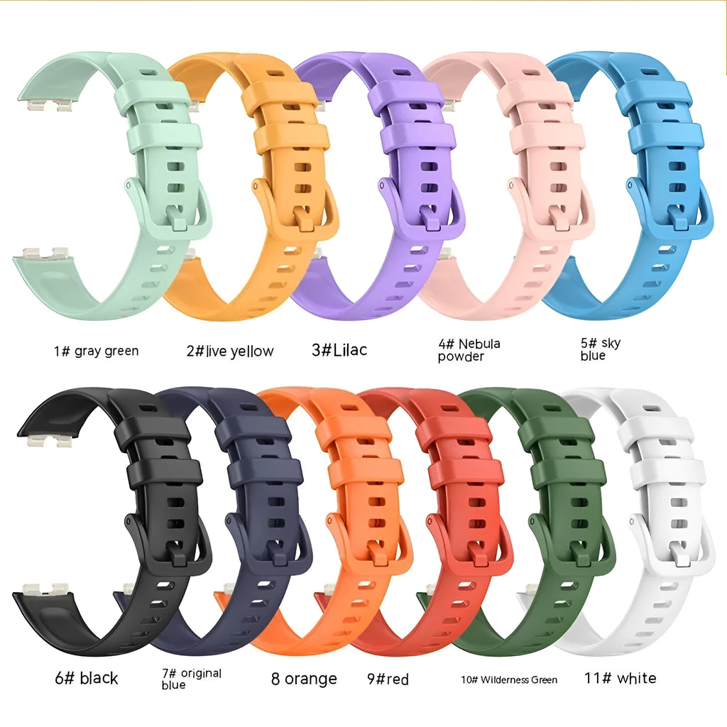 Huawei silicone watch strap in monochrome design on display with eleven colour options