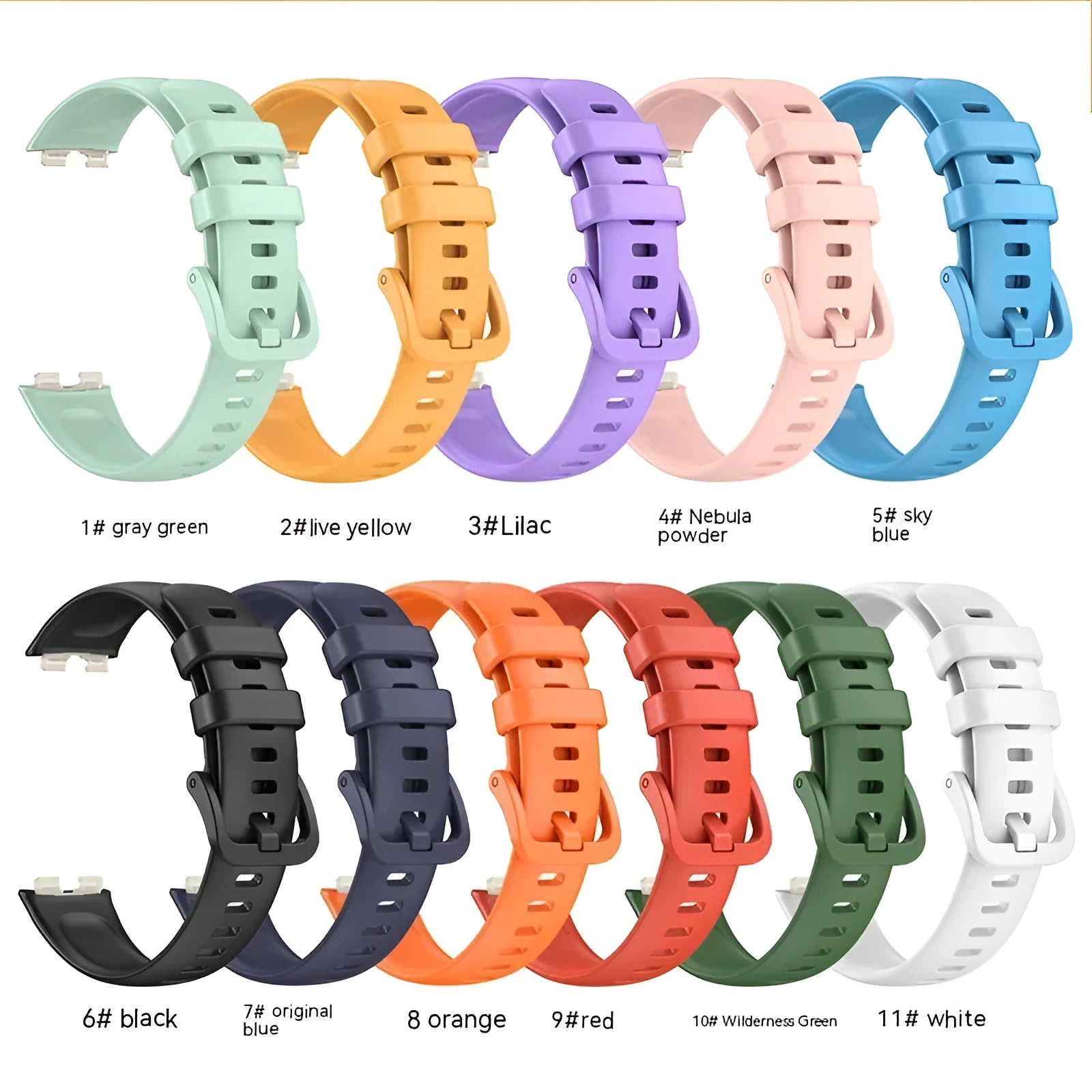 Huawei silicone watch strap in monochrome design on display with eleven colour options