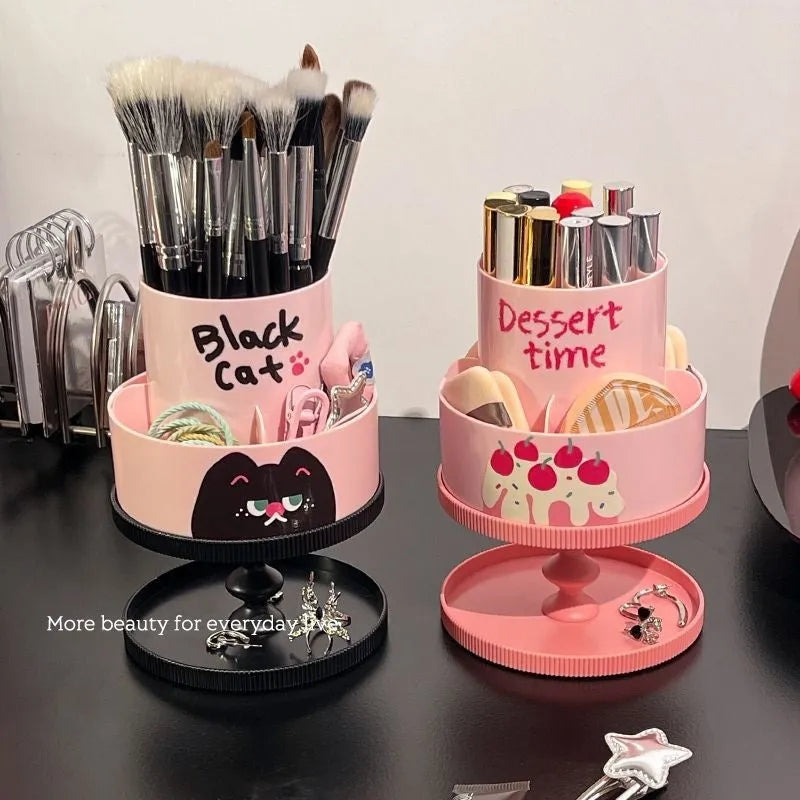 Beige rotating cosmetic brush storage barrel with open lid showing internal organiser rack
