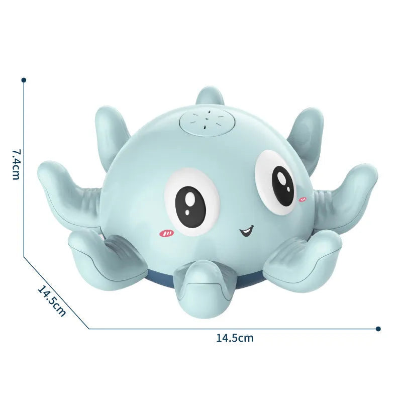 Blue octopus-shaped children's bath toy that automatically sprays water and flashes lights.