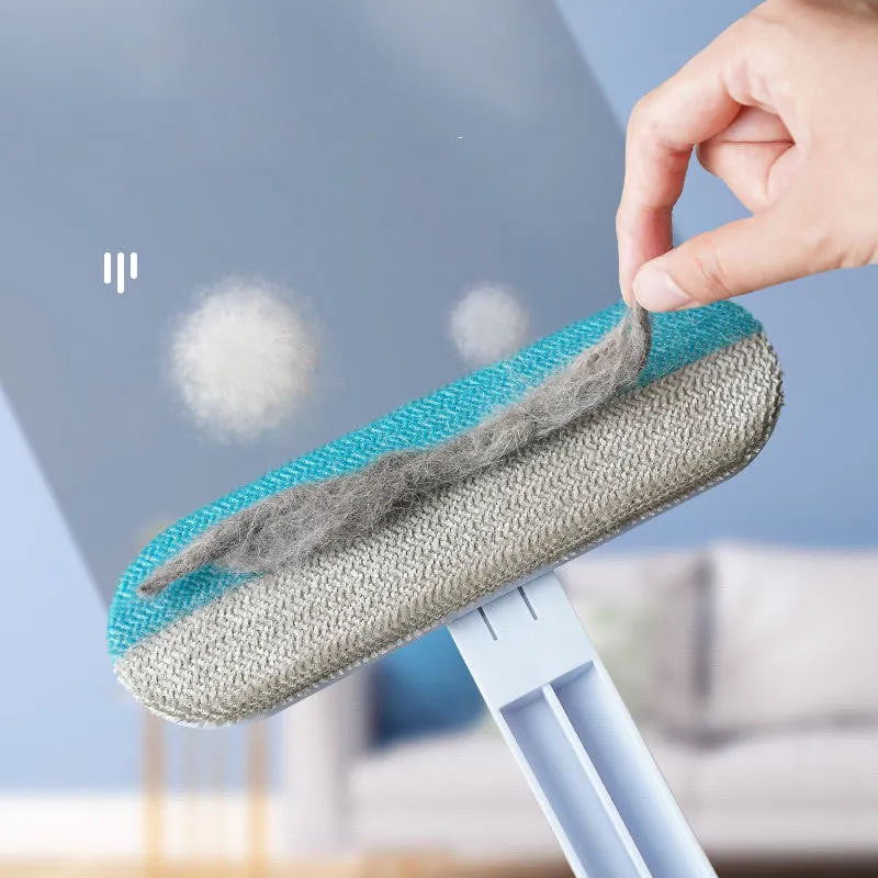 Multifunctional 4-in-1 screen cleaner and pet hair remover brush with flannel head and extension handle.