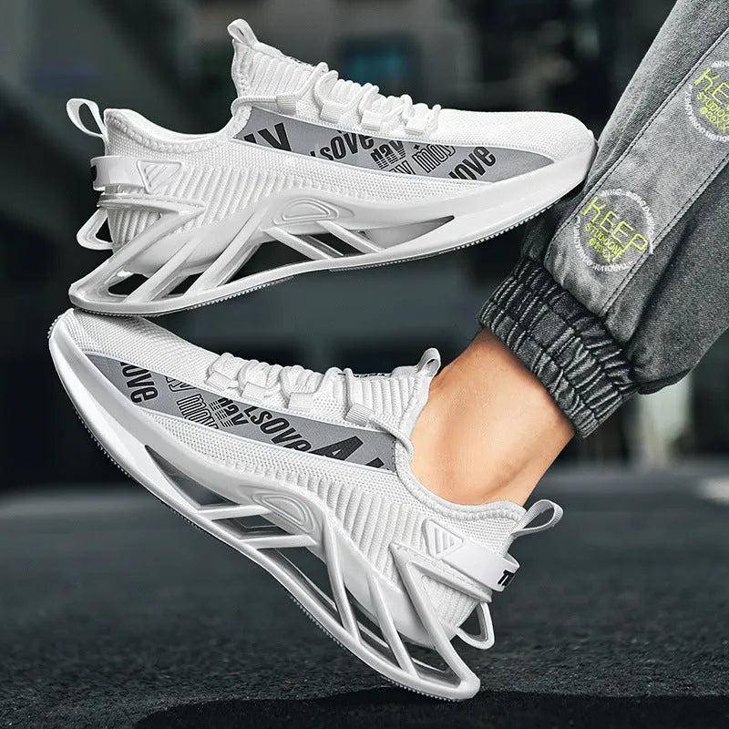 Men's fly woven mesh casual exercise shoes in solid colours with embroidery details