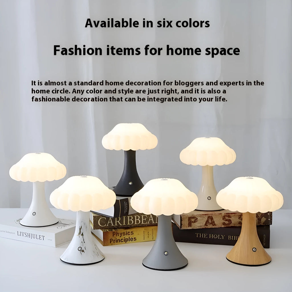 Mushroom-shaped touch control table lamp with USB charging port in wood grain finish.