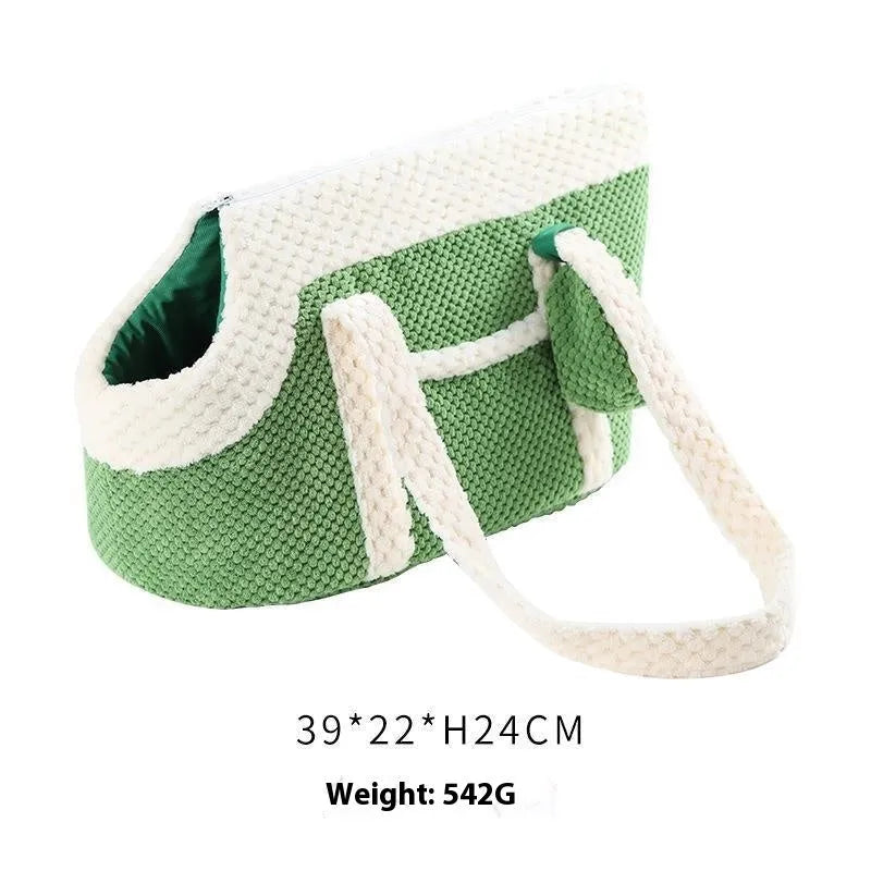 Short plush shoulder cat bag with cartoon pattern in green, red, or yellow colour options