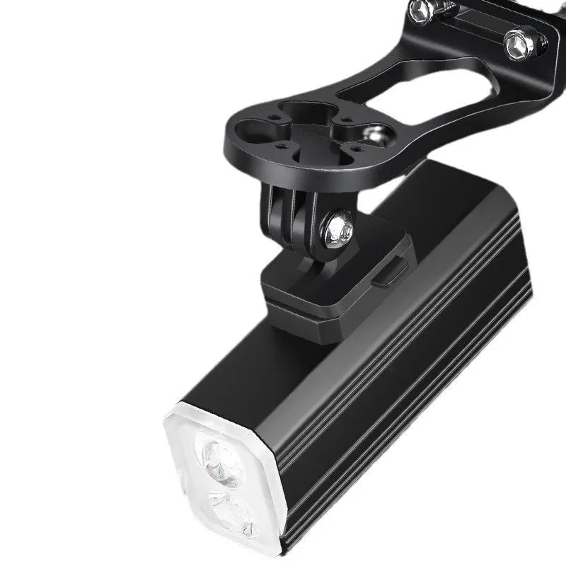 Aluminium alloy mountain bike light with silicone mount showing 400 lumen output and USB-C port