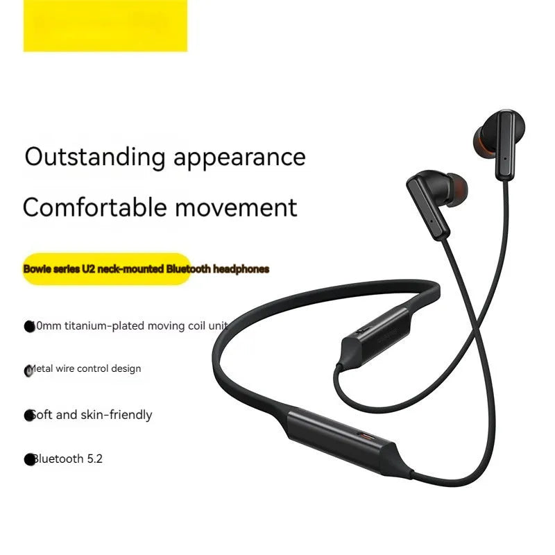 Wireless halter Bluetooth sport headset in black with binaural earbuds and neck-hanging design