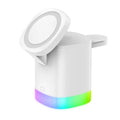 Black and white foldable 3-in-1 magnetic wireless fast charging station for phone, watch and earbuds.
