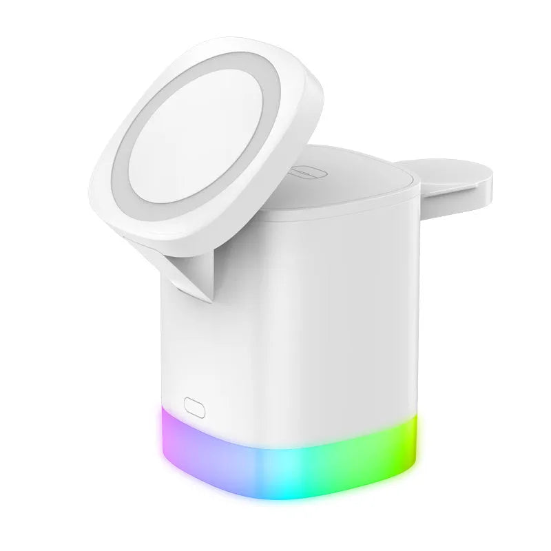 Black and white foldable 3-in-1 magnetic wireless fast charging station for phone, watch and earbuds.