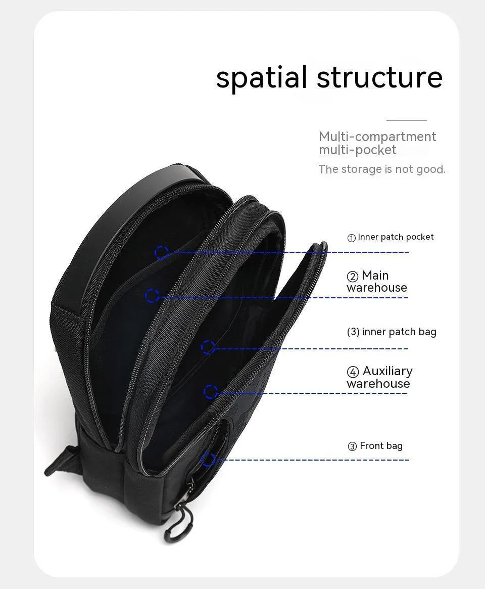 Casual black TPU camouflage chest bag with a single shoulder strap and soft handle, showing a square vertical shape and outer sandwich pocket.