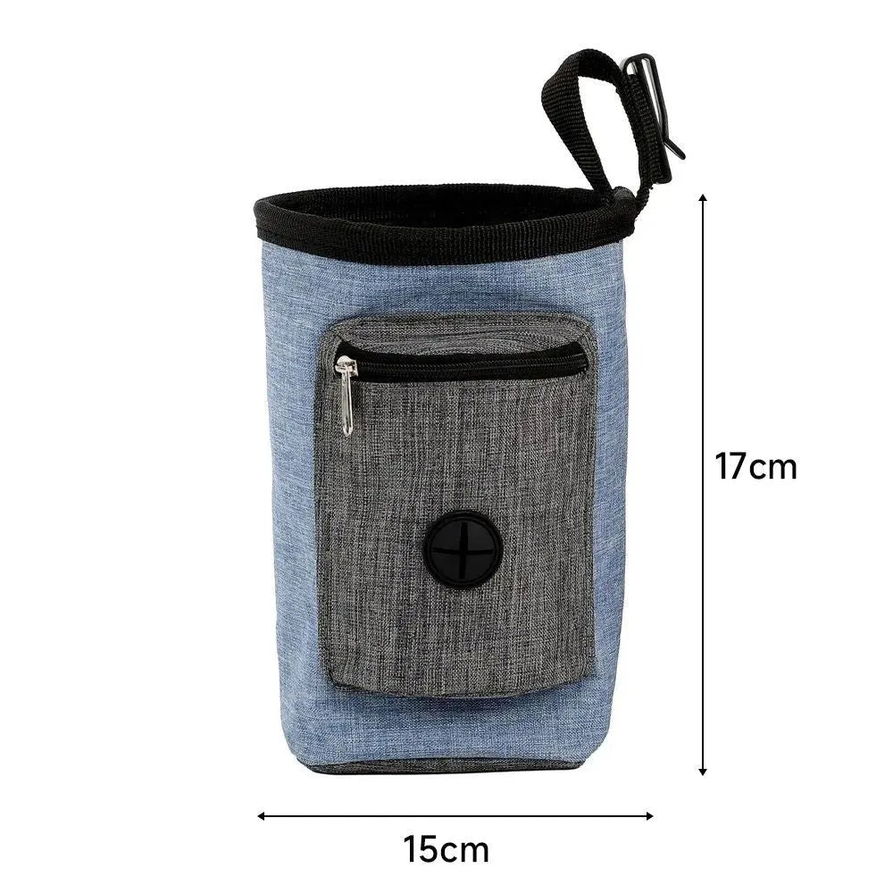 Blue waterproof pet waist bag with adjustable belt and side clip for outdoor training essentials