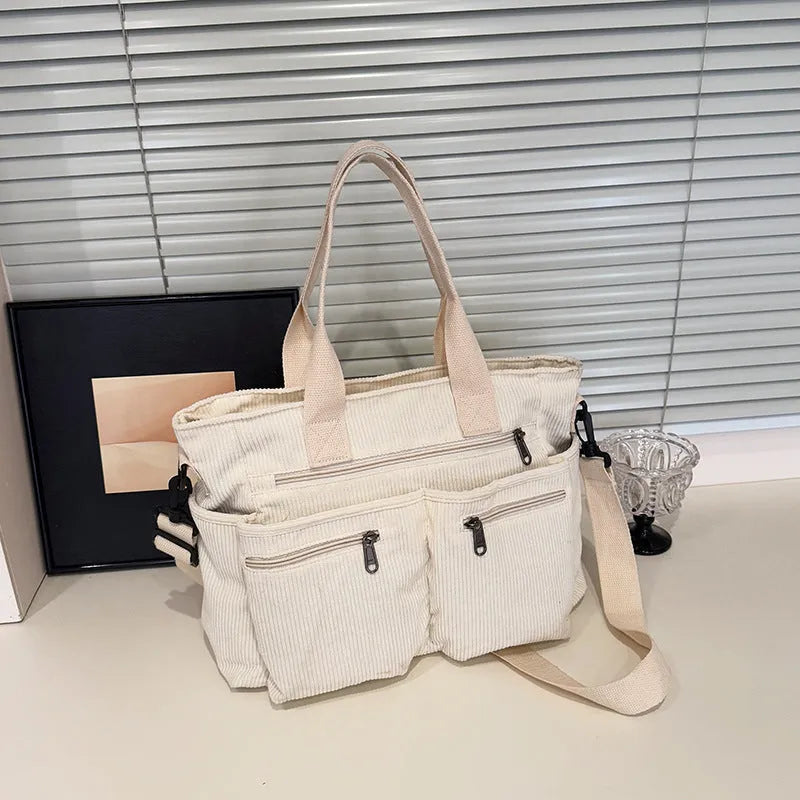 Large capacity corduroy shoulder bag in horizontal square shape with open pocket, 37x14x25cm, available in six colours