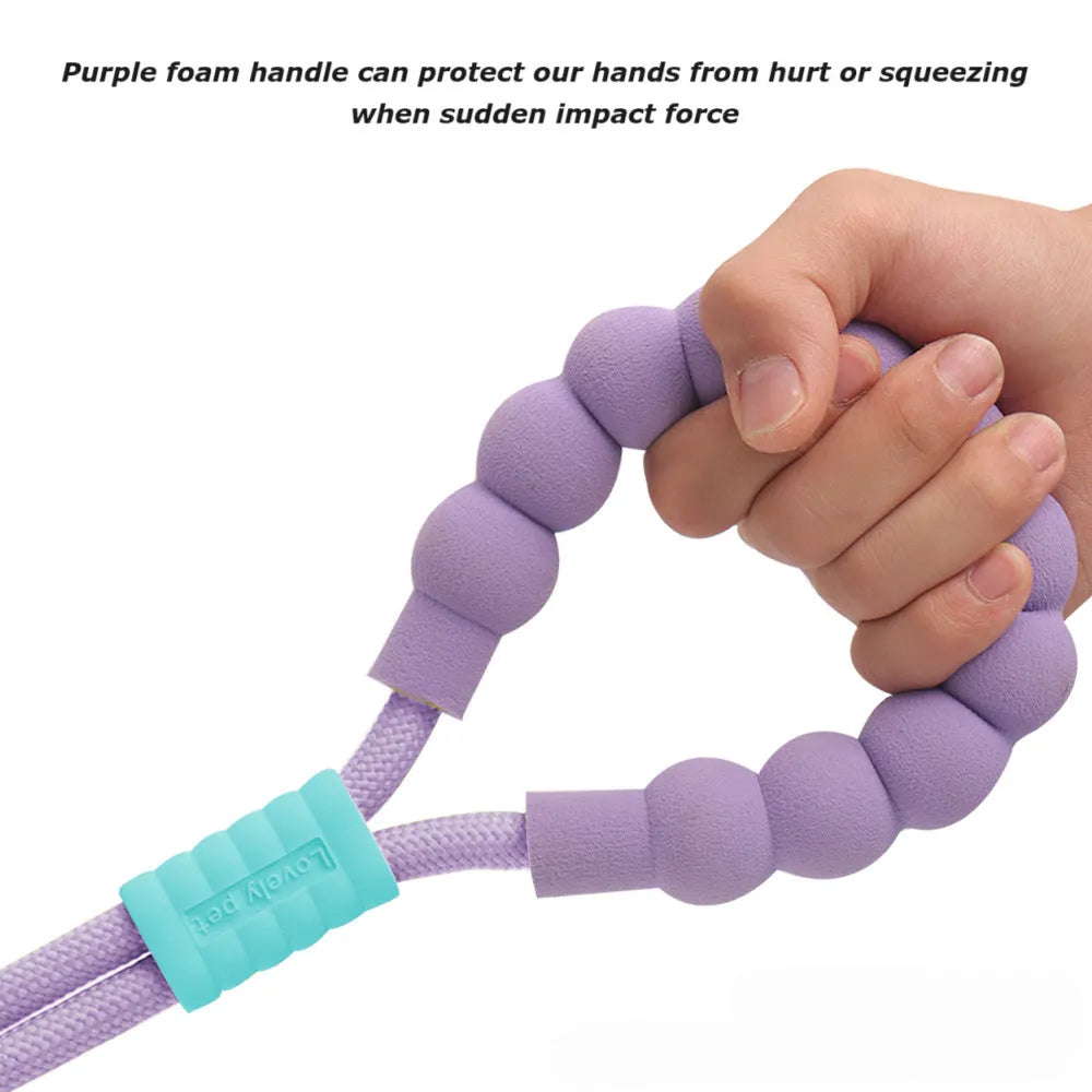 Dog traction leash with foam handle showing 140cm nylon rope in available colours