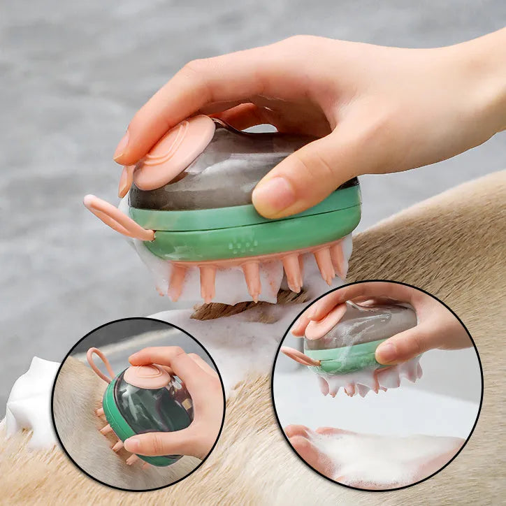 Blue pet grooming brush with integrated shampoo dispenser and silicone bristles for dogs and cats