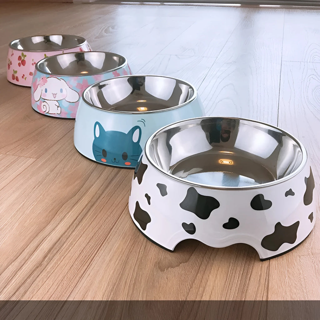 Stainless steel dog and cat bowl in four sizes with 17 colour patterns including cow print and blue cat