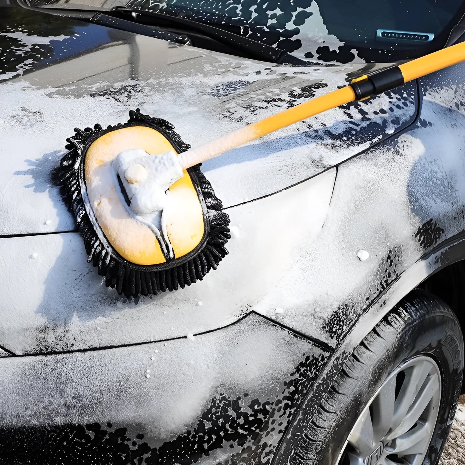 Telescopic curved rod car cleaning brush with chenille wash mop and brush head attachments in blue colour set