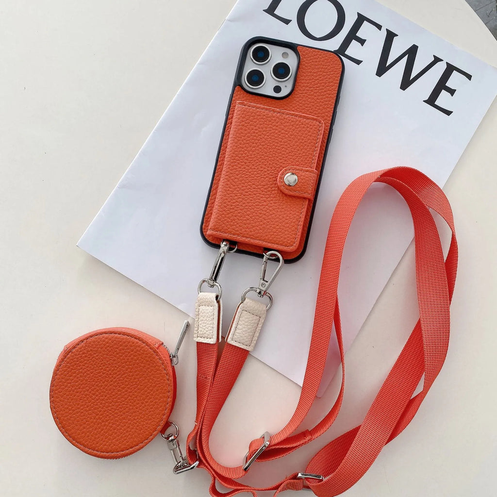 Black card holder lanyard phone case for iPhone showing integrated card slots on back and adjustable neck strap.