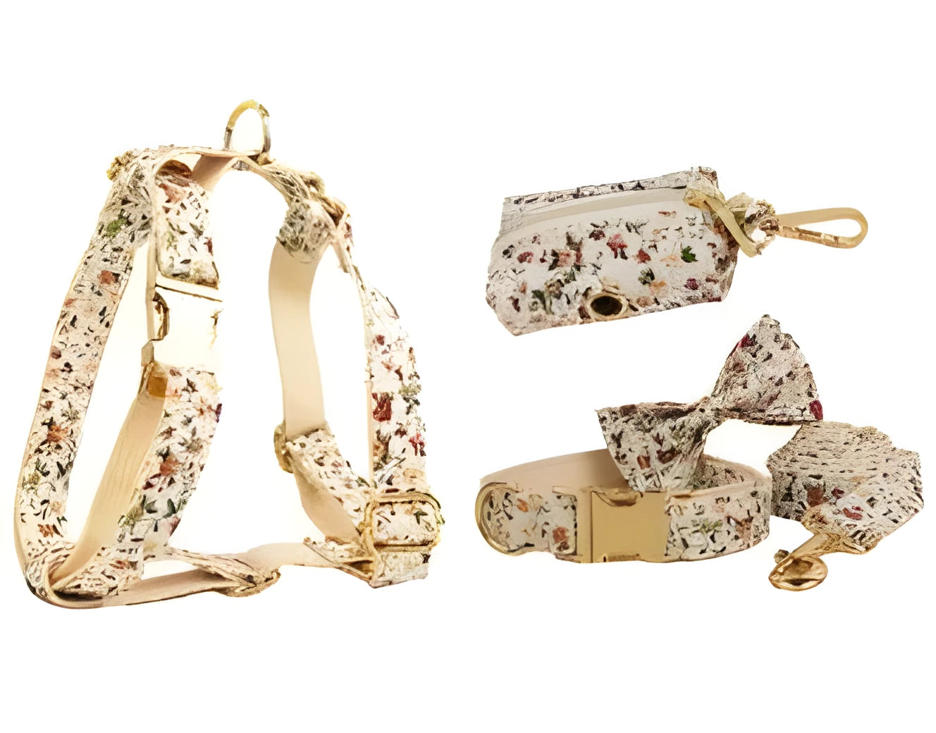 Small white flower pet dog collar set with matching vest, leash, bow, and accessories on a cloth background.