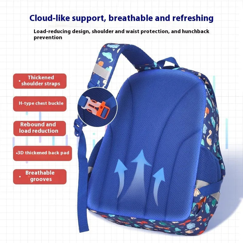 Blue children's waterproof school backpack with dinosaur pattern and curved shoulder straps.