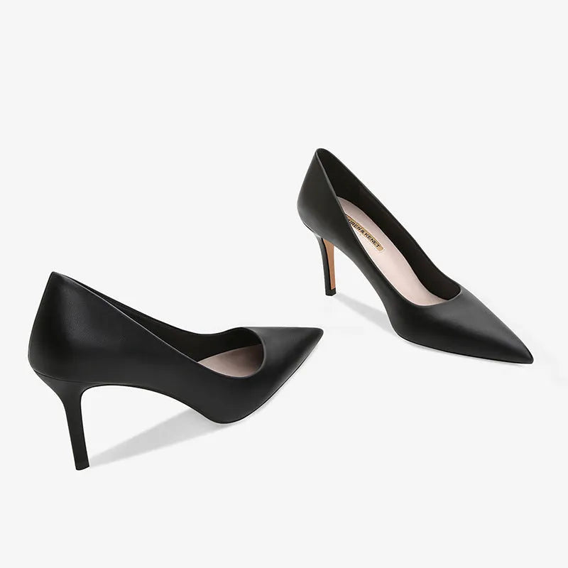 Black microfiber pointed toe stiletto heel shoes with rubber sole for formal wear