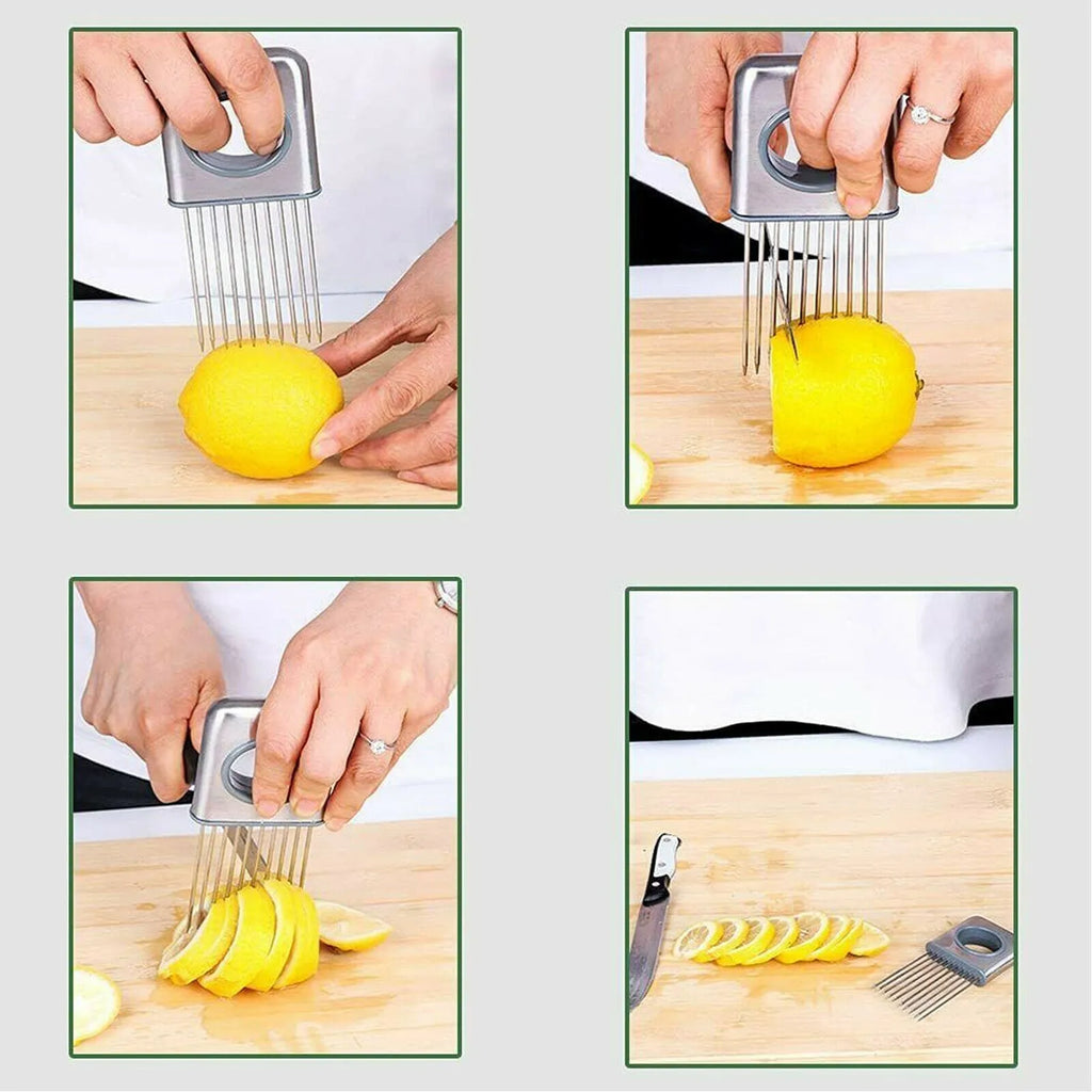 Stainless steel onion holder with sharp prongs and finger guard for vegetable slicing