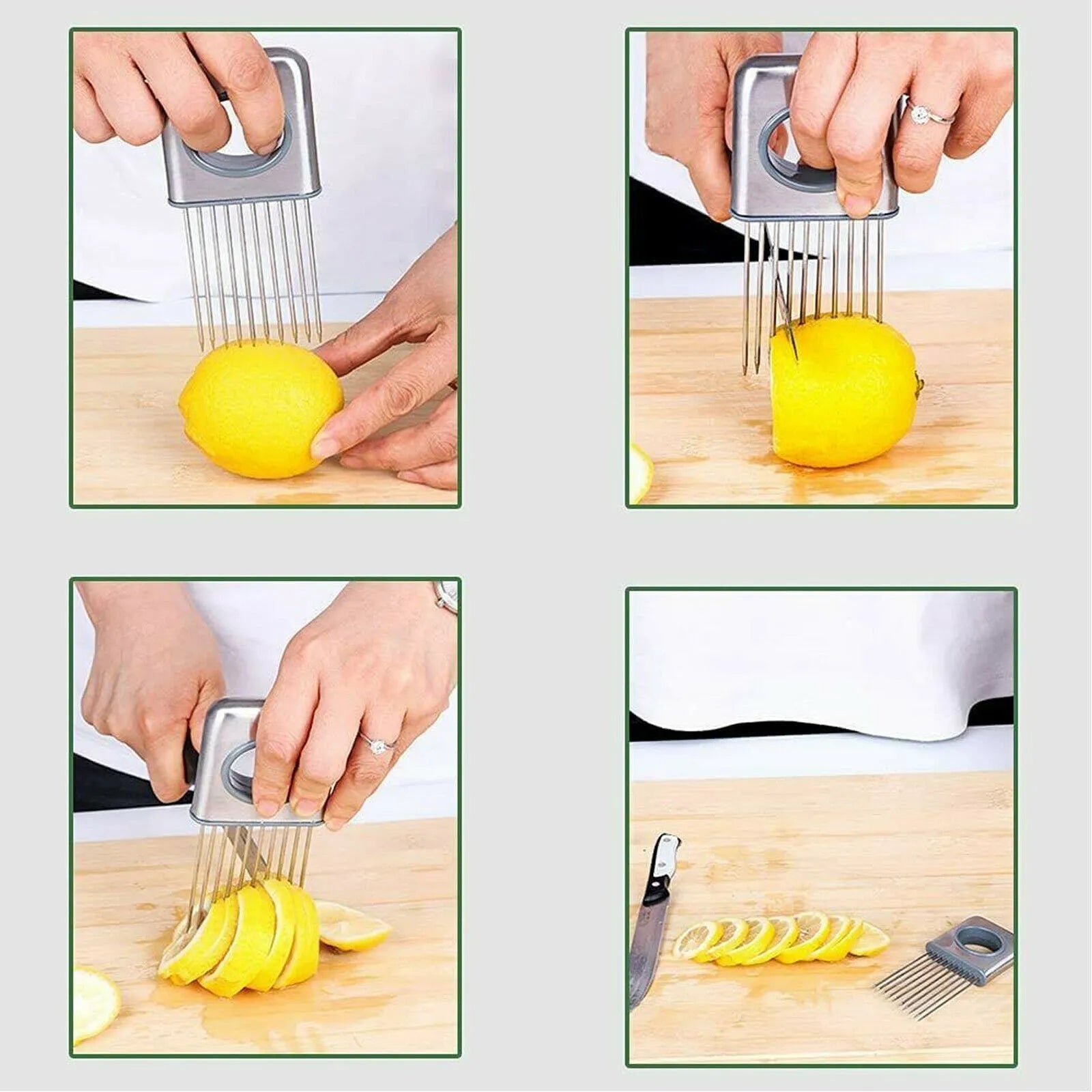 Stainless steel onion holder with sharp prongs and finger guard for vegetable slicing