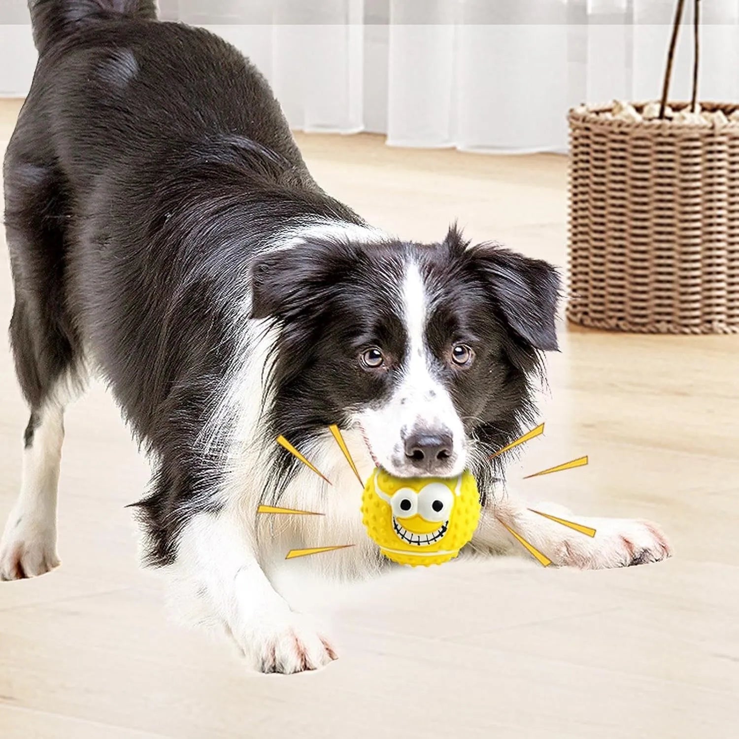 Green latex dog ball with a smiley face and squeaker for fetch games.