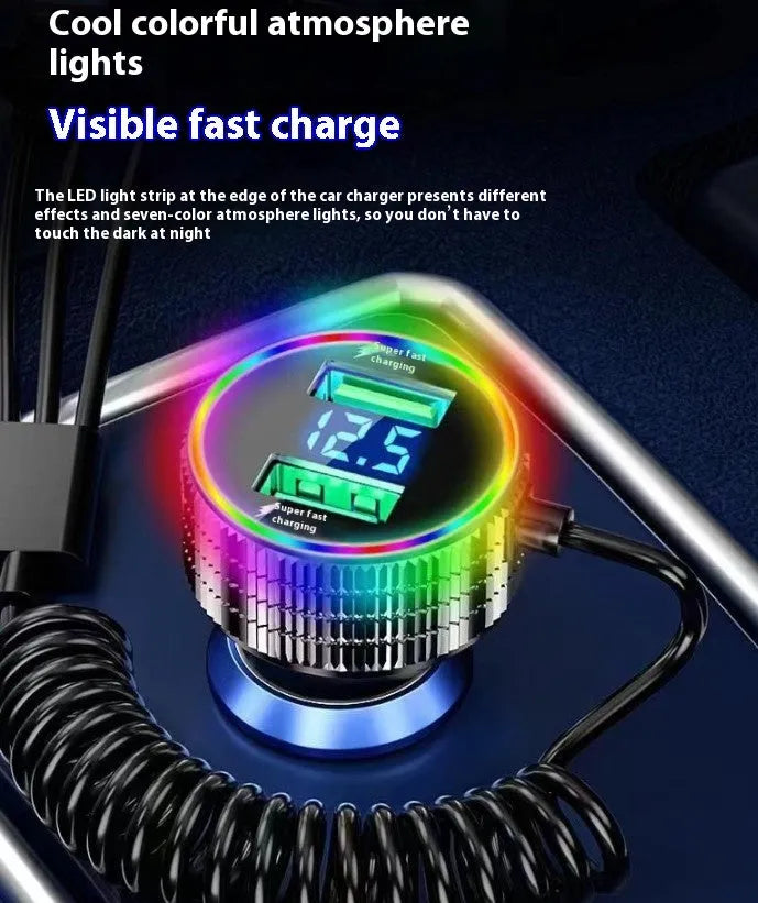 Colorful light-level fast charging car phone charger with three-in-one cable metal plastic 320W black silver
