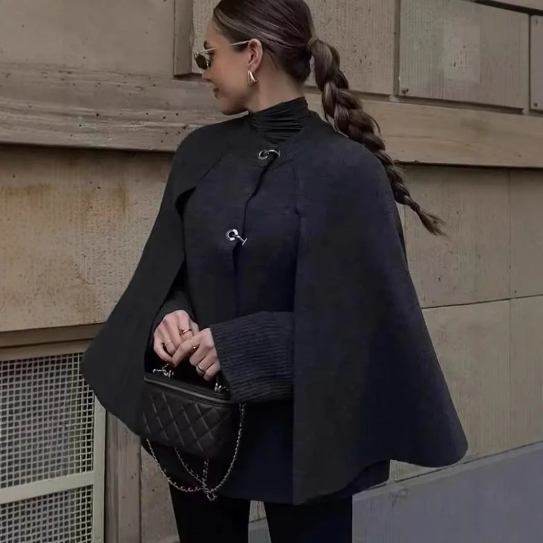 Cape round neck long sleeve knitted sweater coat in solid colour, front view, cardigan style