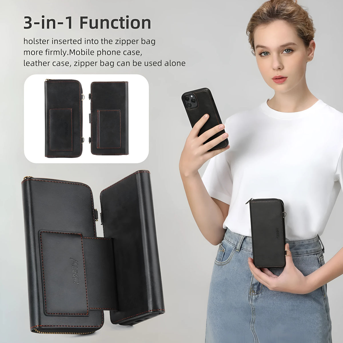 PU crossbody wallet phone case with card slot, lanyard, bracket, and magnetic suction, in black, brown, red, or blue.