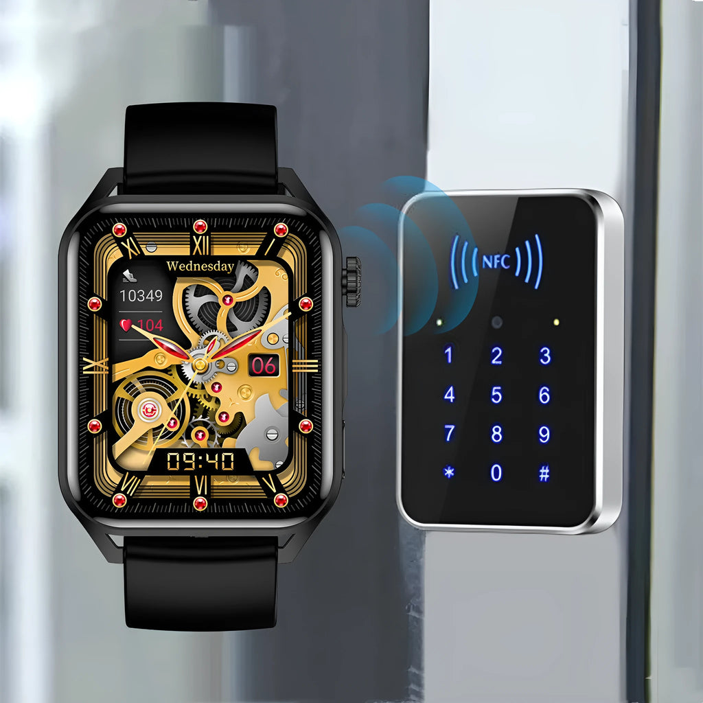 Pink smart watch with AMOLED screen and silicone strap on a wrist, showing a multi-dial watch face.