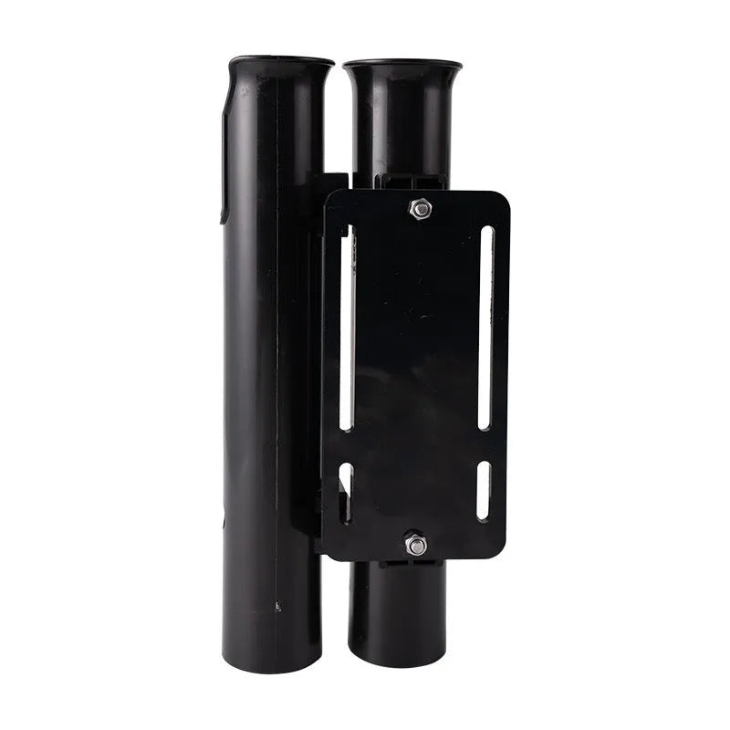 Carbon plastic fishing rod rack mounted on a bicycle frame for transporting fishing gear.