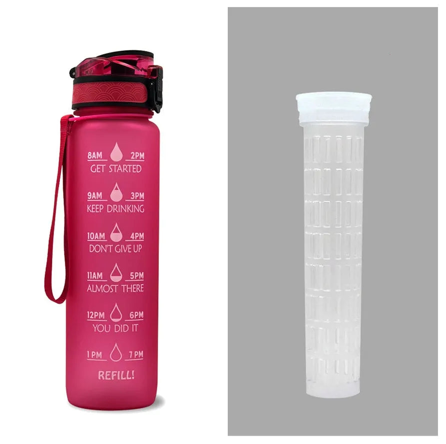 Blue and red gradient 1-litre Tritan sports water bottle with time markers, flip-top lid, and wrist strap.