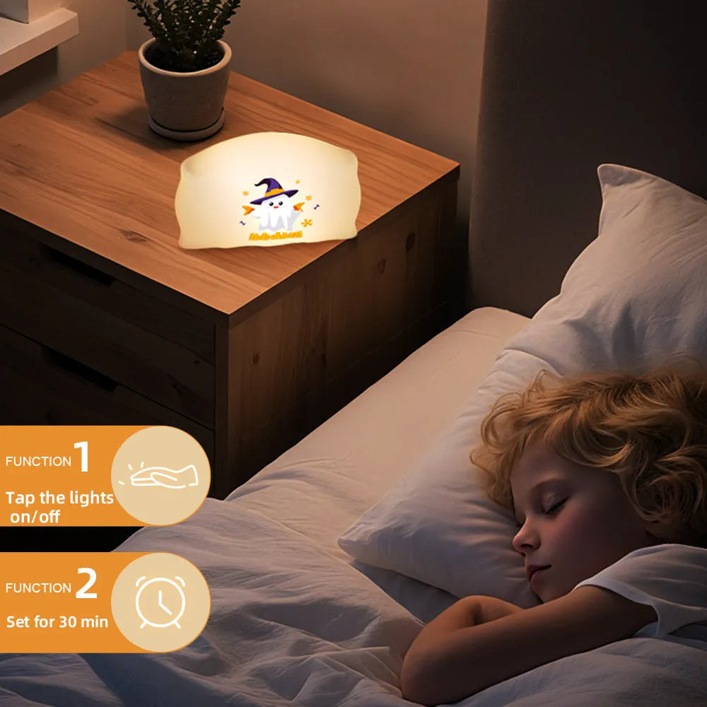 Cartoon Halloween table lamp in Magic Ghost or Pumpkin Ghost design with warm LED glow.