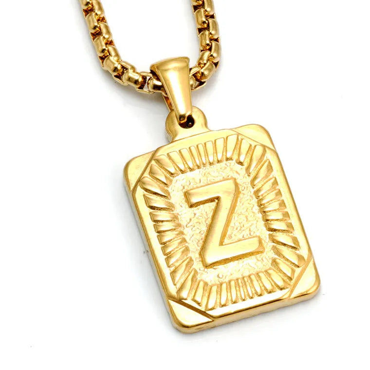 Gold-plated 18K titanium steel letter pendant necklace on a pearl chain, unisex design, gold colour