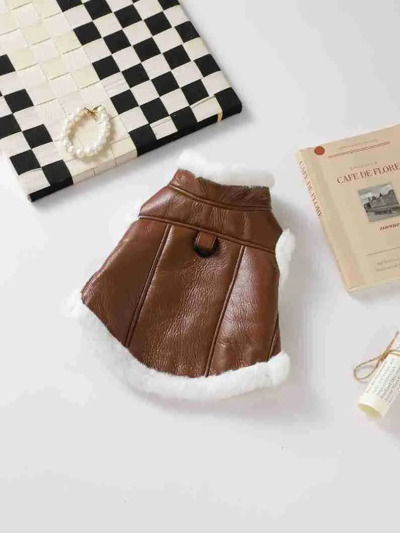 Leather dog winter jacket in black and brown colours with vest style option