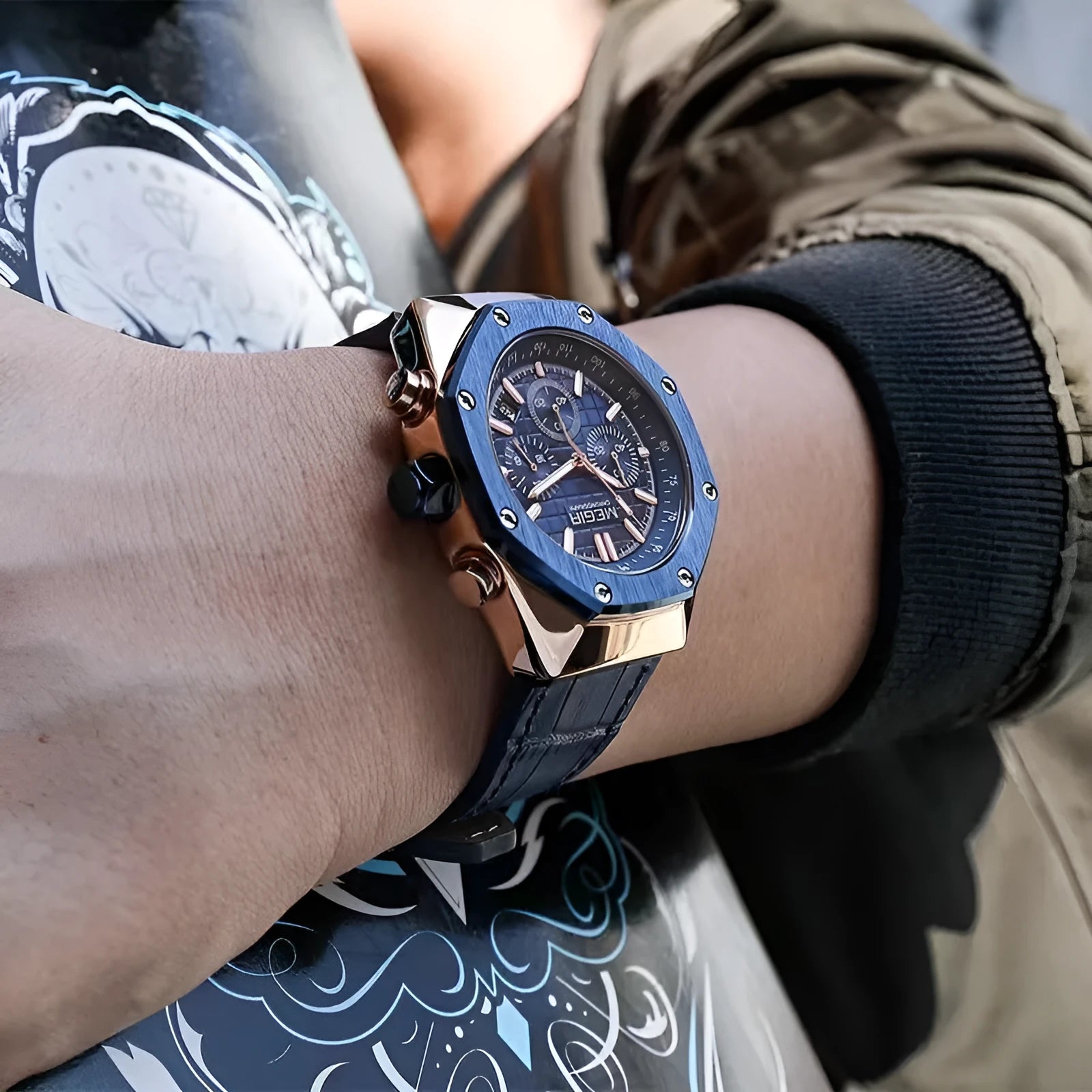 Men's waterproof quartz watch showing three strap options: blue silicone, rose gold edged black steel, and all black steel