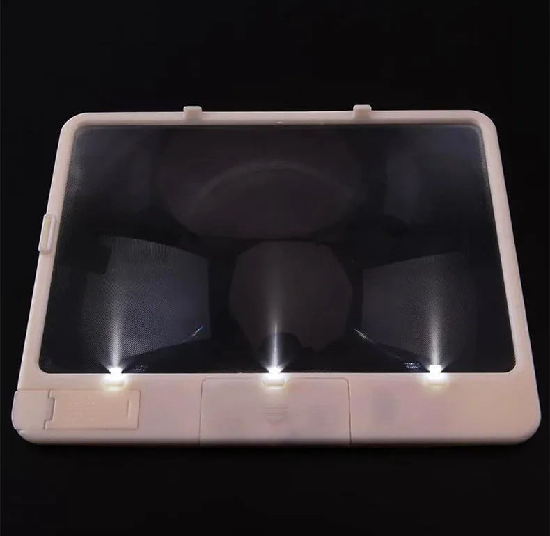 Black desktop magnifying glass with LED light showing large rectangular lens and PVC handle