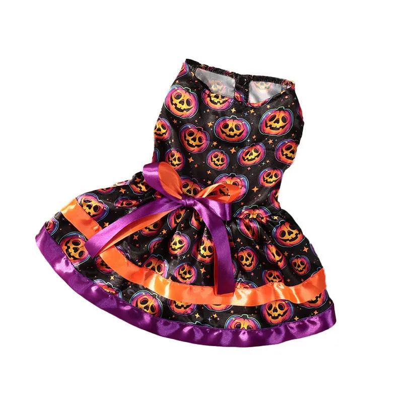 Halloween pet skirt for dogs with double-layer design and colourful pumpkin print.