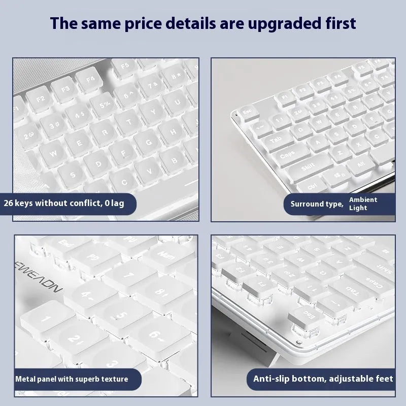 Wired quiet mechanical keyboard with backlit keys in various colour options on a desk
