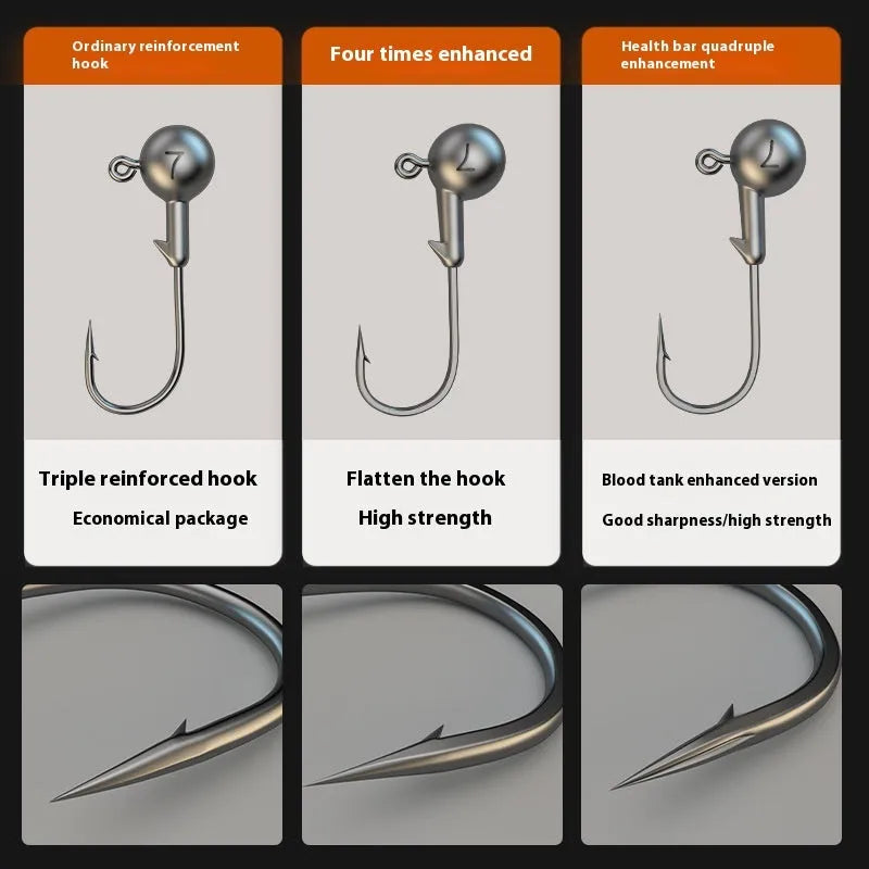 A pack containing 50 lead-headed jig hooks in a primary colour, labelled as 7G enhanced strength fishing gear.
