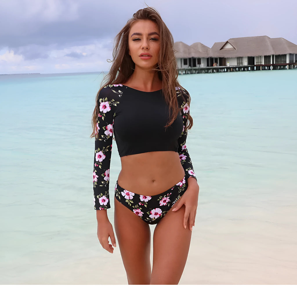 Backless long sleeve bikini swimsuit for women in black print with high elasticity nylon fabric