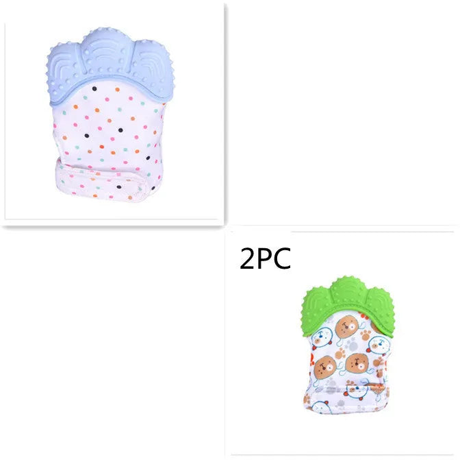 Baby silicone teething glove with Velcro strap in a smiley face yellow design.