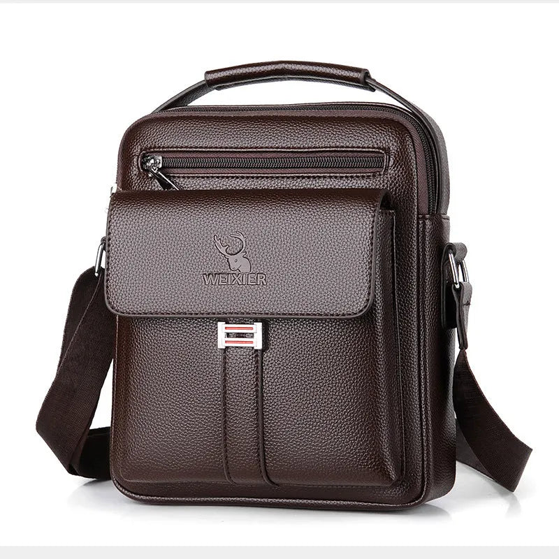 Men's PU leather crossbody bag waterproof wear-resistant available in litchi pattern black or plain dark brown